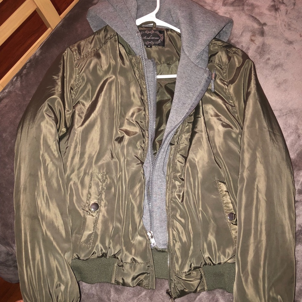 Green Olive-ish Jacket with gray sweater sewn in